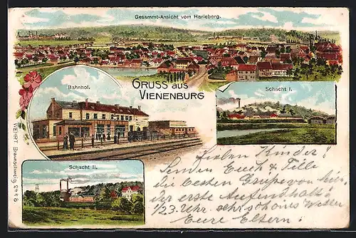 Lithographie Vienenburg, Gesamtansicht vom Harleberg, Bahnhof, Schacht I., Salzbergwerk