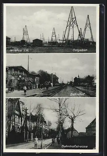 AK Wietze i. H., Bahnhof mit Passagiere, Bahnhofstrasse mit Gebäudeansicht, Oelgebiet