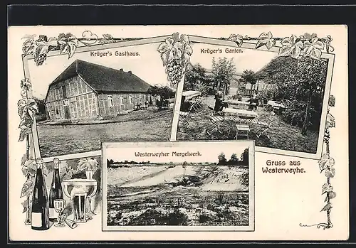 AK Westerweyhe, Krüger`s Gasthaus, Mergelwerk, Krüger`s Garten, Sektflaschen