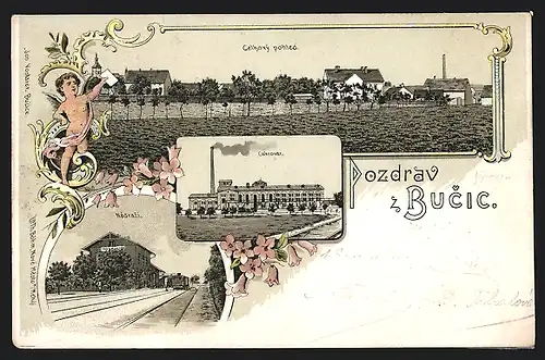 Lithographie Dolni Bucice, Nadrazi, Cukrovar, Celkovy pohled, Amor