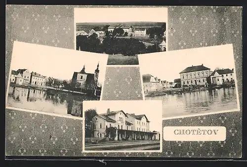 AK Chotetov, Bahnhof, Ortspartie mit Kirche, Teilansicht aus der Vogelschau