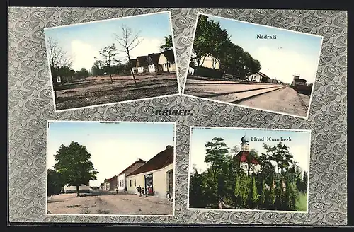 AK Krinec, Bahnhof, Ortspartien, Hrad Kuncberk