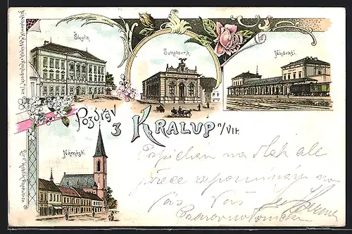 Lithographie Kralupy N. V., Sokolovna, Nadrazi, Skola, Namesti