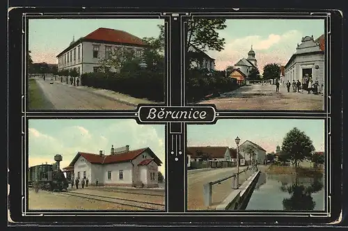 AK Berunice, Bahnhof mit Lok, Strassenpartien mit Gewässer und Kirche