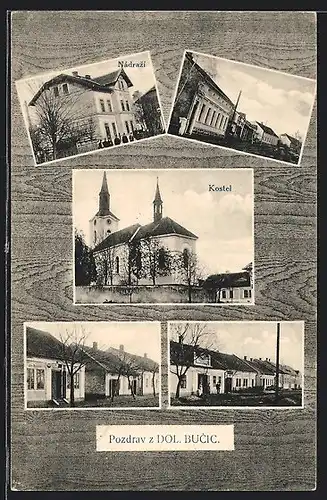 AK Dolni Bucice, Nádrazi, Kostel, Bahnhof und Kirche