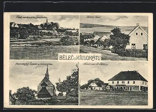 AK Belec u Krivoklatu, Hostinec J. Patery, Kirche, Gebäude im Ort