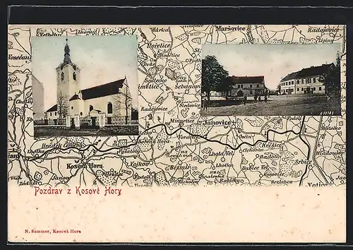 AK Kosova Hora, Kirche, Ortspartie, Stadtplan mit Janovice, Vojkov und Minartice