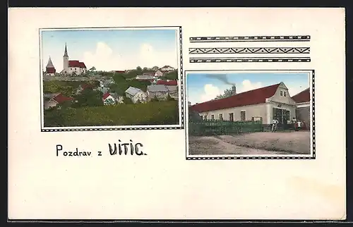 AK Vitice, Geschäftshaus mit kleiner Gruppe, Ortsansicht mit Kirche