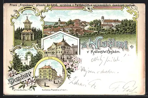 Lithographie Vlasim, Skola, Knizeci hostinec, Panorama