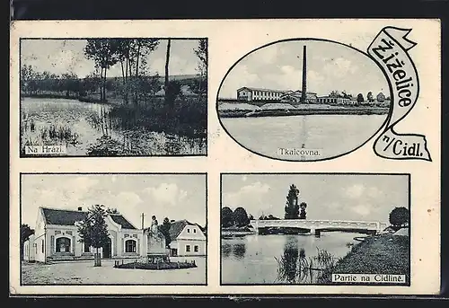 AK Zizelice n/Cidl., Tkalkovna, Partie na Cidline, Platz mit Denkmal