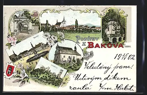 Lithographie Bakov nad Jiz., Namesti, Zwiretice, Kostel, Panorama, Wappen