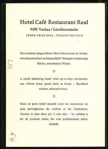 AK Vaduz /Liechtenstein, Hotel Cafe Restaurant Real, Blick zur Burg