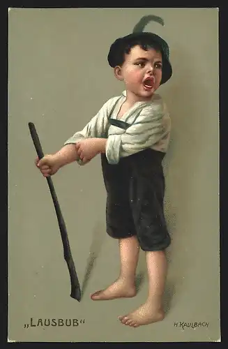 Künstler-AK Hermann Kaulbach: Lausbub mit Stock und Lederhose