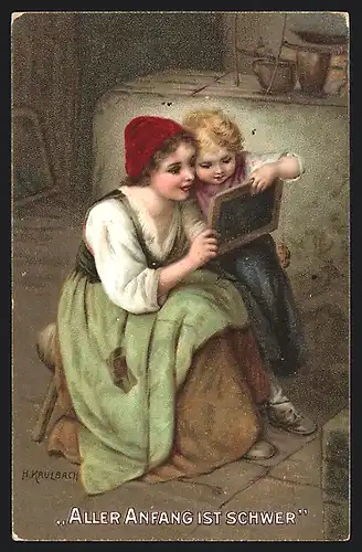 Künstler-AK Hermann Kaulbach: Mutter bringt Tochter das Schreiben bei