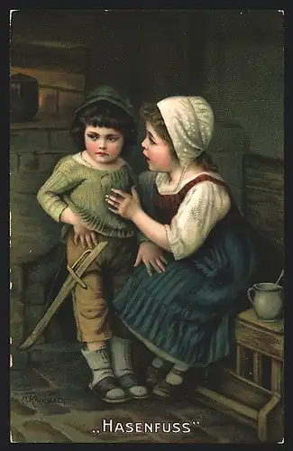 Künstler-AK Hermann Kaulbach: Hasenfuss, Mädchen reden einem Jungen gut zu