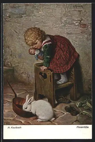 Künstler-AK Hermann Kaulbach: Hasenfüsse, Mädchen ängstigt sich vor einem Kaninchen