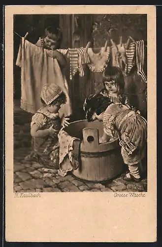 Künstler-AK Hermann Kaulbach: Kinder hängen Wäsche auf