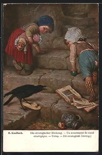 Künstler-AK Hermann Kaulbach: Kinderpaar mit Puppe und Rabe an der Treppe