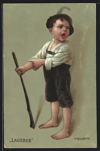 Künstler-AK Hermann Kaulbach: Lausbub mit Stock und Lederhose