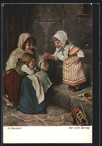 Künstler-AK Hermann Kaulbach: Kleines Mädchen springt von der Stufe