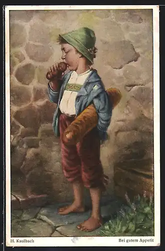 Künstler-AK Hermann Kaulbach: Junge in Tracht beisst in ein Brötchen