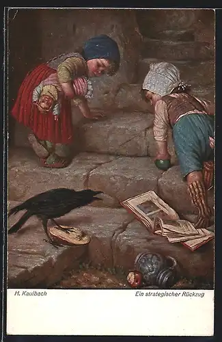 Künstler-AK Hermann Kaulbach: Ein strategischer Rückzug, Rabe verscheucht Kinder