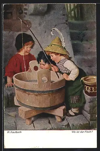 Künstler-AK Hermann Kaulbach: Kleine Kinder beim Angeln