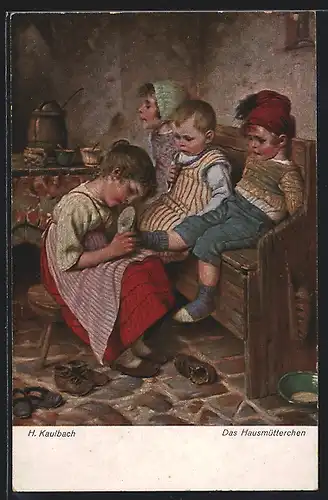 Künstler-AK Hermann Kaulbach: Das Hausmütterchen, Mädchen hilft Kindern beim Schuhe anziehen
