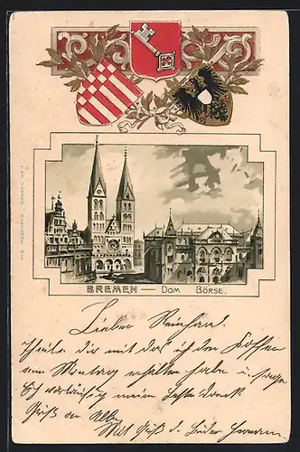Passepartout-Lithographie Bremen, Dom und Börse, Wappen