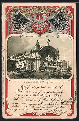 Passepartout-Lithographie Frankfurt a. M. Hauptbahnhof, Wappen