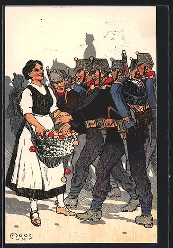 Künstler-AK Carl Moos: Bäuerin versorgt schweizer Soldaten mit Äpfeln