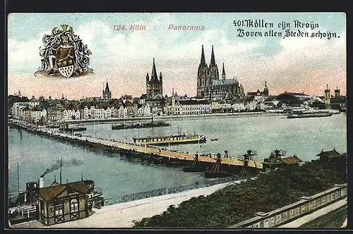 AK Köln, Blick auf die Ortschaft, Schiffe, Wappen