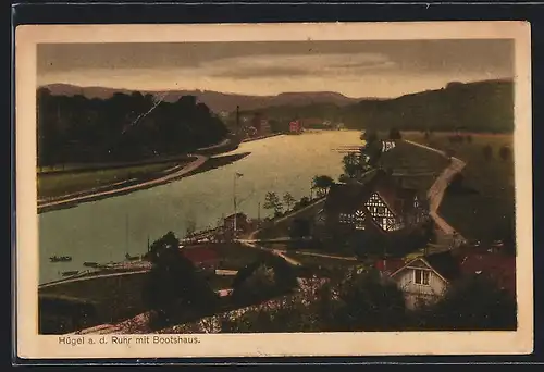 AK Hügel /Ruhr, Ortsansicht mit Bootshaus aus der Vogelschau