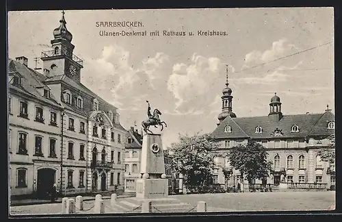 AK Saarbrücken, Ulanen-Denkmal mit Rat- und Kreishaus