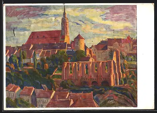 Künstler-AK Bautzen, Petrikirche und Nicolairuine