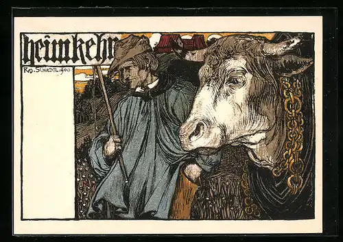 Künstler-AK Rudolf Schiestl: Heimkehr, Bauer mit seiner Kuh