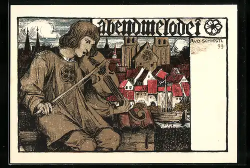 Künstler-AK Rudolf Schiestl: Abendmelodei, Geiger vor Stadt-Panorama