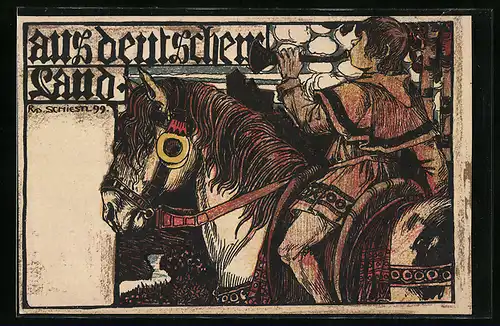 Künstler-AK Rudolf Schiestl: Berittener Kundschafter bläst in das Horn