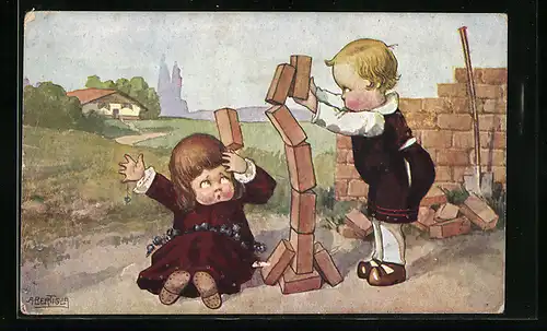 Künstler-AK A. Bertiglia: Kinderpaar spielt mit Bauklötzen