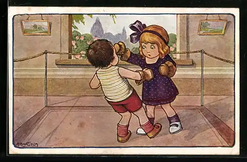 Künstler-AK A. Bertiglia: Junge und Mädchen im Boxring