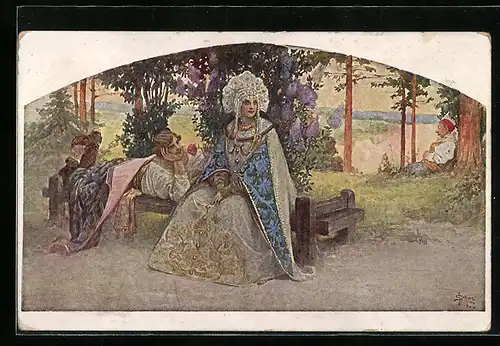 Künstler-AK S. Solomko: Der Schmeichler, slawische Trachten