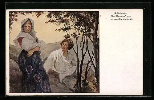 Künstler-AK S. Solomko: Eine Herzensfrage, Herr und Frau in den Bergen
