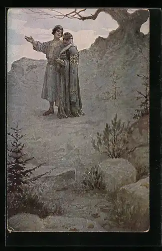 Künstler-AK S. Solomko: Das Gelöbnis, unterwegs in Trachten