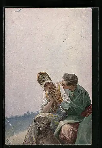 Künstler-AK S. Solomko: Liebeserklärung, Paar mit Hund