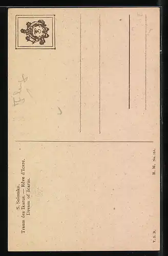 Künstler-AK S.Solomko: Traum des Ikarus, Ikarus steht nackt auf einem Berg, sieht ein Flugzeug