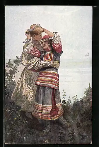 Künstler-AK S. Solomko: Nachbarskinder mit einem Blumenkranz, Idylle