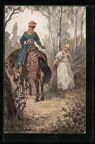 Künstler-AK S. Solomko: Begegnung eines Reiters mit einer jungen Dame