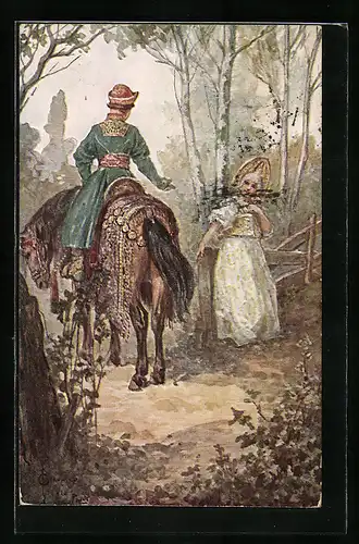 Künstler-AK S. Solomko: Begegnung eines Reiters mit einer jungen Dame