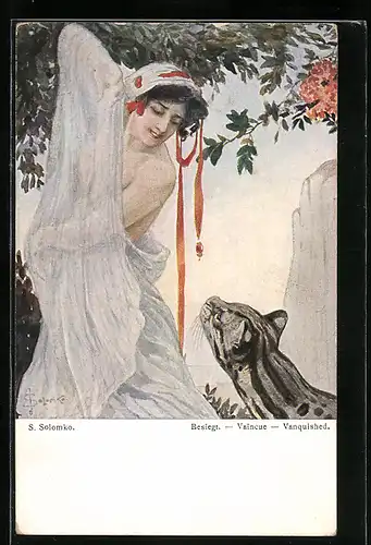 Künstler-AK S. Solomko: Besiegt, Ozelot und halbnackte Maid