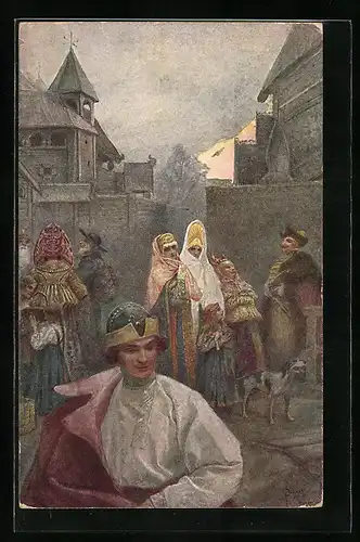 Künstler-AK S. Solomko: a la Promenade, Passanten in Trachten